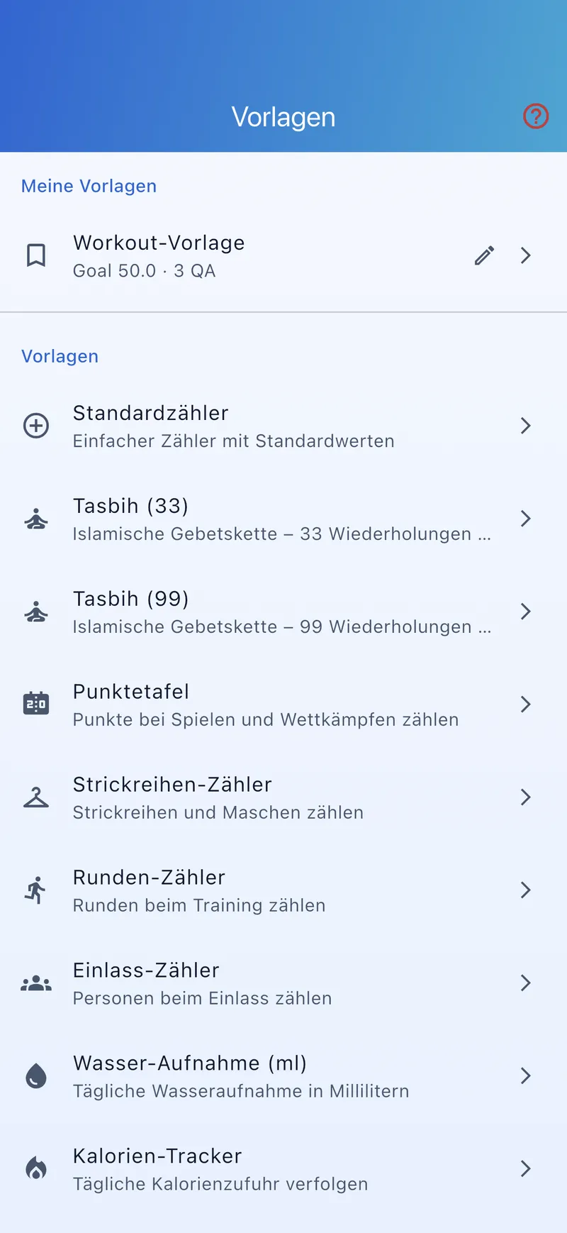 Vorlagen-Katalog mit eigenen und mitgelieferten Vorlagen