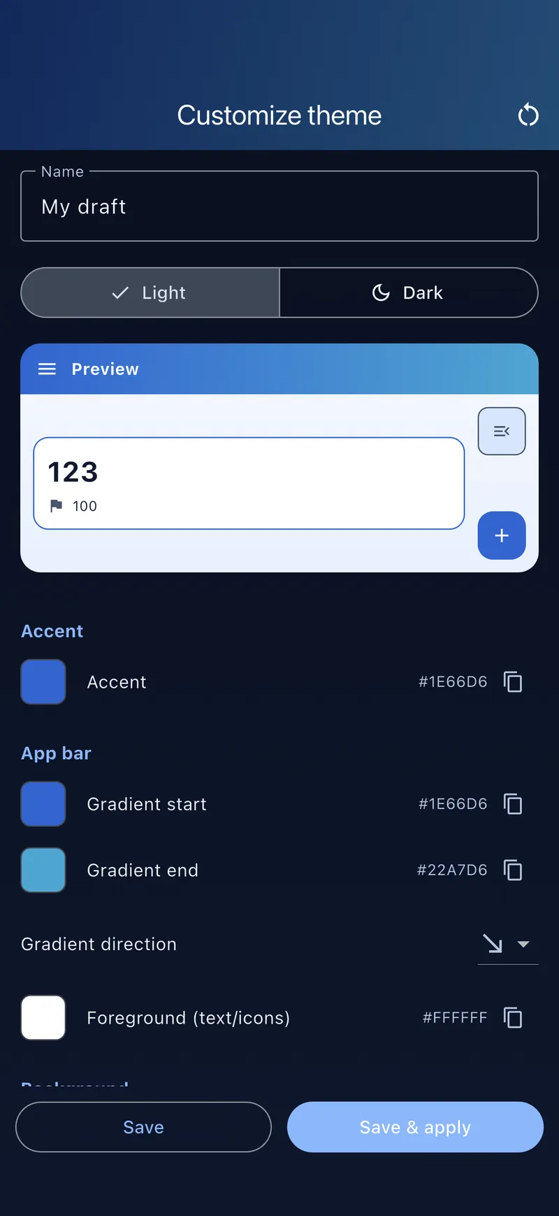 Theme editor with colours and live preview