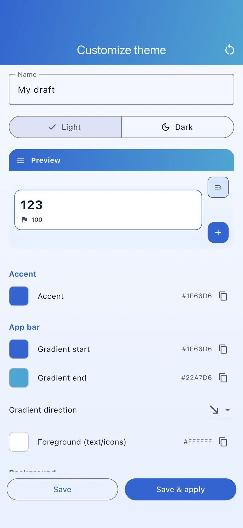 Theme editor with colours and live preview